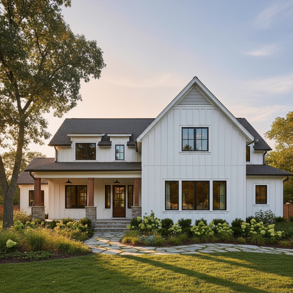 Modern white farmhouse with James Hardie board-and-batten vertical siding and black-frame windows