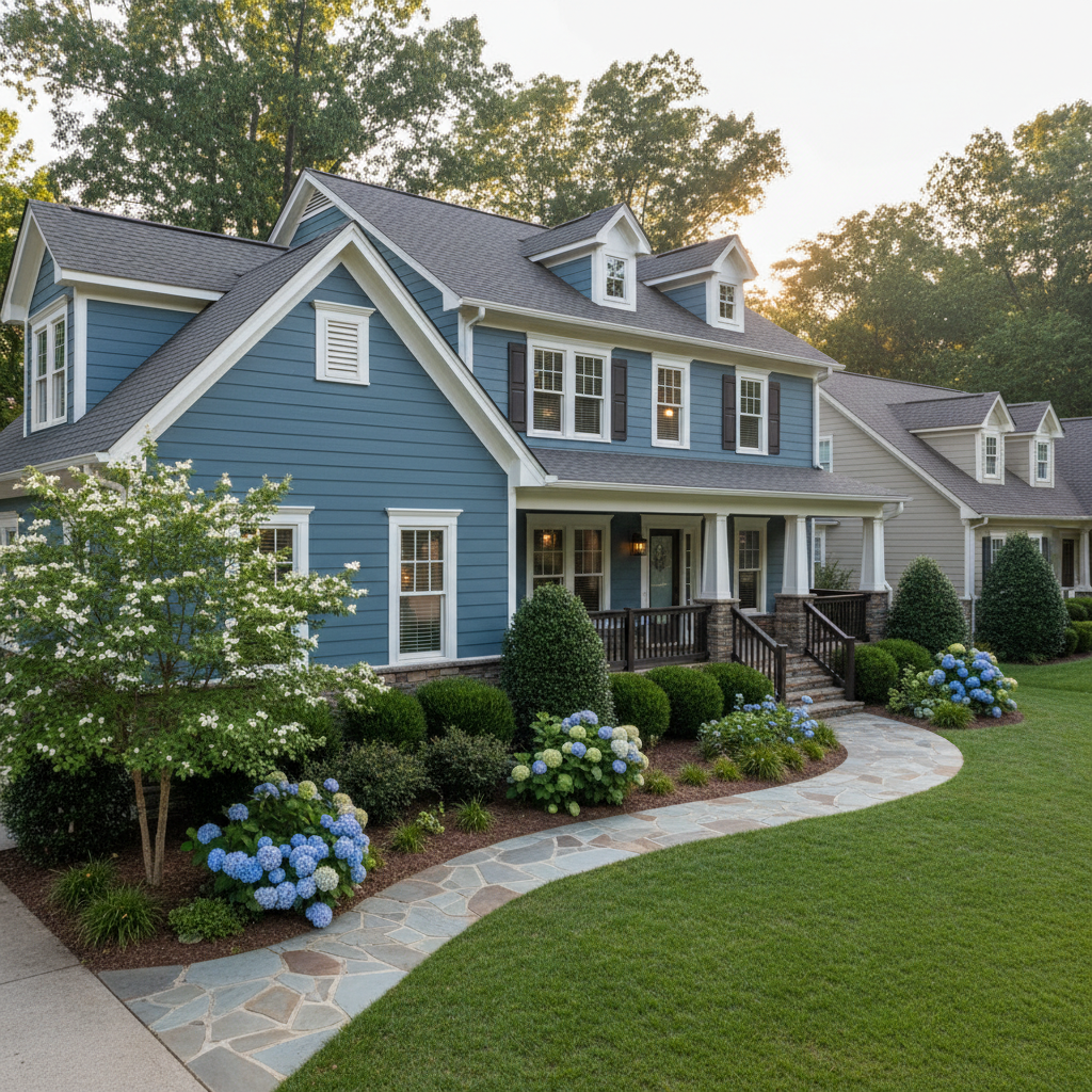 Two-story home clad in deep blue-gray lap siding with white trim and stone accents