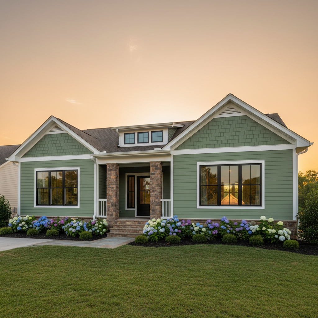 Home with large black-framed picture and casement replacement windows set in light siding