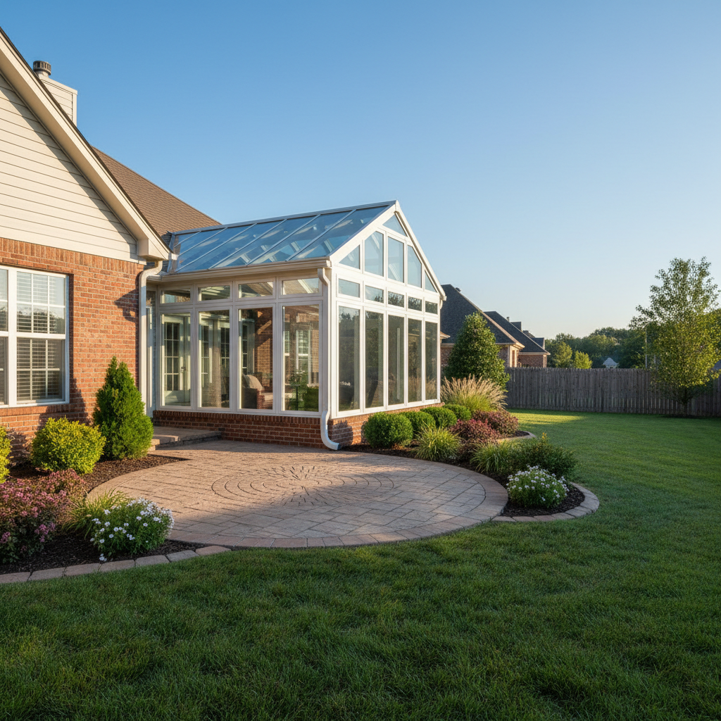 Four-season glass sunroom addition with a glass gable roof attached to a brick home